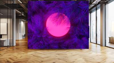 Summer podium backdrop with Tropical leaves and neon light. 3d rendering. Wall mural