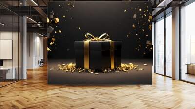 3D gift box in black and gold a dark background. Perfect for Black Friday promotions, design and elegant sale events. Wall mural