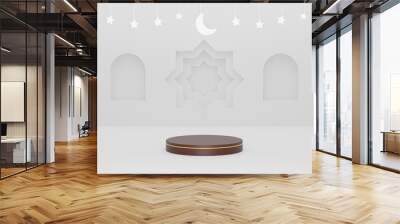 3d podium in white islamic background with stars and crescent white color 3d illustration rendering for flyer design, banner, poster and etc Wall mural