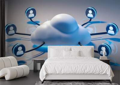 3D render of a cloud connected to person icons through neon blue lines. Symbolizing cloud computing, global networks, and the future of digital communication. Wall mural