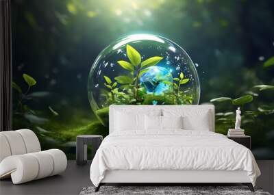 A glowing bubble recycling symbol floats above a small patch of vibrant greenery. Surrounded by clean energy icons, this eco-friendly scene emphasizes harmony between nature and technology. Wall mural