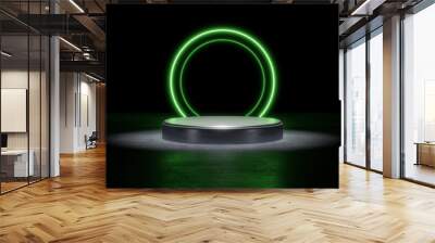 green neon light product background stage or podium pedestal on grunge street floor with glow spotlight and blank display platform. 3d illustration rendering Wall mural