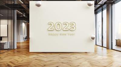 happy new year 2023 gold text with elegant background with realistic balloons gold. copy space grey background. 3d illustration rendering Wall mural