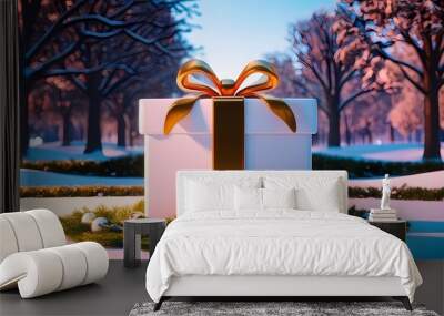 Luxurious white and gold gift box nestled in a serene winter park scene. Perfect for festive marketing, holiday ads, and elegant seasonal promotions. Wall mural