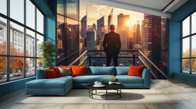 businessman on office building balcony looking city skyline with skyscrapers Wall mural