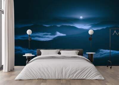 dark landscape with foggy mountains and full moon at night Wall mural