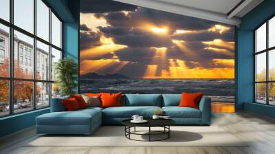 golden sun rays on the sea at sunset Wall mural