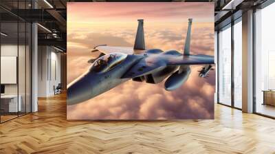 military aircraft jet flying over clouds. generative ai Wall mural