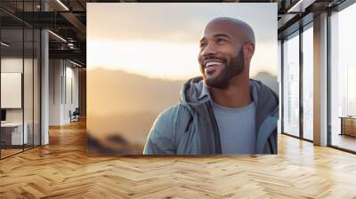 portrait of happy and handsome black afro-american man looking at sunset. positive and optimism Wall mural