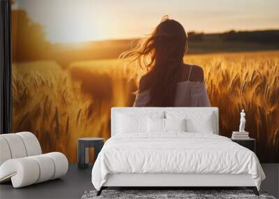 pretty young girl or woman on wheat field. lifestyle in countryside Wall mural