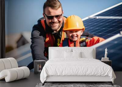 professional worker and son on rooftop with solar panels. renewable and sustainable energy Wall mural