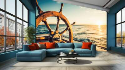 ship wheel on boat with sea and sky. freedom and adventure. direction concept Wall mural