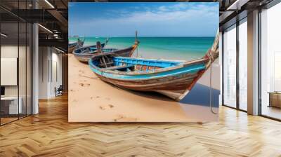 small colorful fishing boats on tropical beach. travel and vacation. generative ai Wall mural