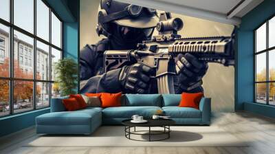 soldier holding rifle or firearm with professional gear and equipment. generative ai Wall mural