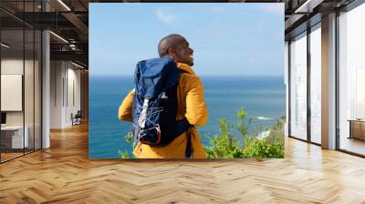 behind of african american man enjoying hike outdoors Wall mural