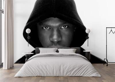 black and white portrait of young black man with hoodie Wall mural