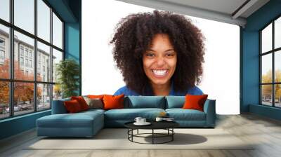 Close up laughing african american woman isolated on white background Wall mural