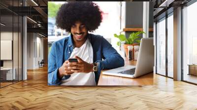 smiling guy using mobile phone and laptop Wall mural