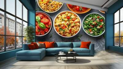 Balanced diet meal plan with diverse colorful dishes, Healthy eating lifestyle habits, organized and appetizing Wall mural