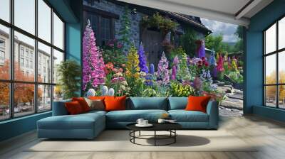 Fragrant cottage garden flower beds, aromatic cottage flowers, charming flower beds emitting sweet fragrances in a cozy cottage setting Wall mural