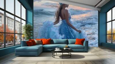 A goddess standing besides the sea, wearing blue foamy ocean waves gown, foamy ocean waves, dawn light Wall mural