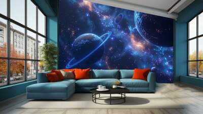 A planet with two planets and one with a blue planet in the background Wall mural