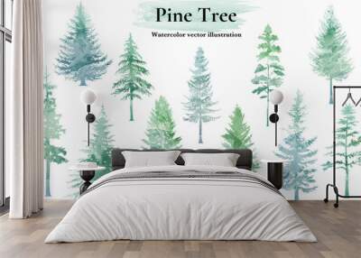 Pine tree silhouette  set. Watercolor  vector illustration. Wall mural