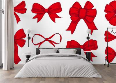 Set of red sketched bow and ribbon. Hand drawn vintage line art vector illustration. Wall mural