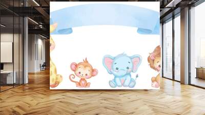 Watercolor cute baby animals with ribbon. vector design for kids. lion, giraffe, elephant, monkey cartoon. Wall mural