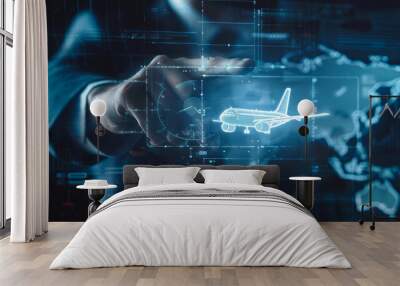 Businessman navigating transparent futuristic interface with airplane using fingertip. Wall mural