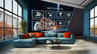 Conceptual image of a businessman using a laptop to manage virtual icons for motivation, aspiration, achievement, and goals. Wall mural