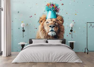 Lively animal celebration: A lion dancing amidst confetti on a pastel background embodies holiday cheer and party vibes. Wall mural