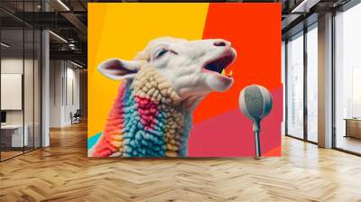 Pastel animal concept, domestic country sheep in pastel clothes holding microphone and singing on colorful background. Wall mural