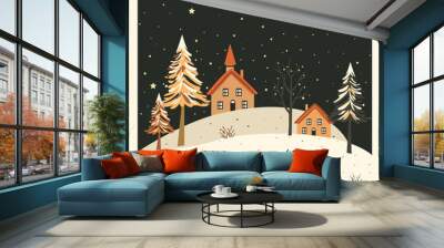 Peaceful night winter Christmas landscape with little houses and reindeer in the snowy surroundings Wall mural