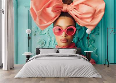 
Stylish woman with bold fashion sense, sporting large circular pink sunglasses and an updo adorned with a matching pink bow. Wall mural