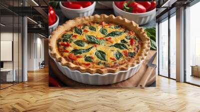 Vegetarian homemade pie, Quiche with tomatoes, spinach and feta cheese Wall mural