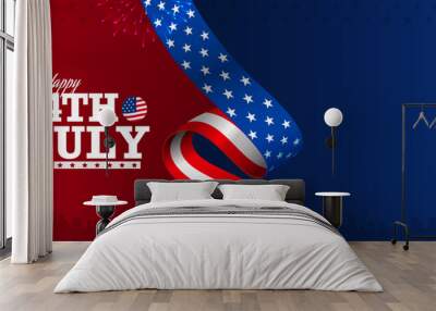 4th of July banner poster background template design with empty, blank, copy space for text offer with USA flag ribbon on red blue color background. Vector illustration. Wall mural