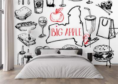 New York, United states of America set of sketch doodle of city street fast food such as burger, hot dog, cheesecake and more Wall mural