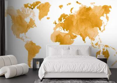 Watercolor illustration of retro vintage world global map painted in sepia brown ink color Wall mural