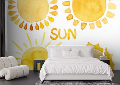 Yellow ink shiny sun set watercolor illustration with lettering Wall mural