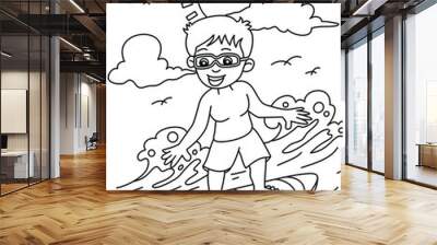 cartoon child playing surfing on the beach coloring page for kids vector Wall mural