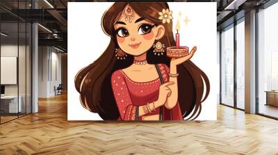 A young Indian woman wearing saree holding candle celebrate festival Diwali Deepavali Wall mural