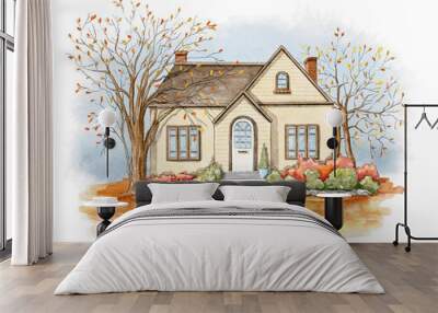 Autumn landscape with country house, lawn and trees isolated on white background. Watercolor hand drawn illustration Wall mural