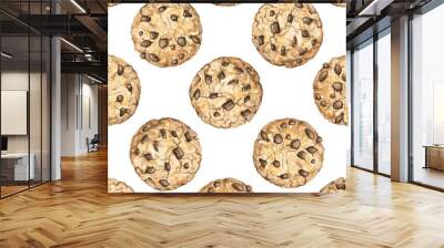 seamless pattern with home made round chocolate chip cookies isolated on white background. watercolo Wall mural