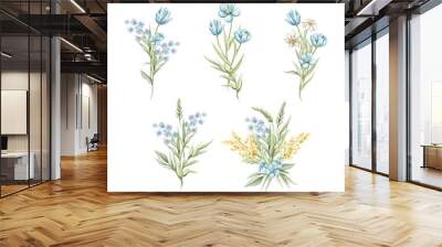 Set with vintage various bouquets of blue flowers isolated on white background. Watercolor hand drawn illustration sketch Wall mural