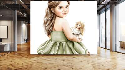 Watercolor imaginary characters cute little girl with blonde hair in green dress sitting on the floor and holding toy doll isolated on white background. Hand drawn illustration sketch Wall mural