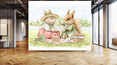 Watercolor vintage composition with squirrel and rabbit animals in vintage dresses on picnic with food in summer green landscape isolated on white background. Hand drawn illustration sketch Wall mural