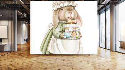 Watercolor vintage girl bunny rabbit in dress holding Easter cake with eggs isolated on white background. Watercolor hand drawn illustration sketch Wall mural