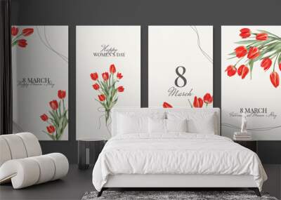 4 Vertical Covers for Social Media with Congratulations on Women's Day, 8 March With Red Tulip Bouquets in Watercolor Style. Templates Stories. Vector Wall mural