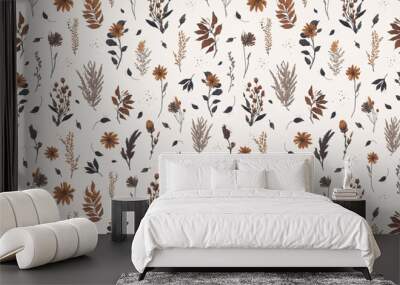 Horizontal background with seamless autumn pattern. Brown leaves, dried flowers, pampas grass. Vector Wall mural